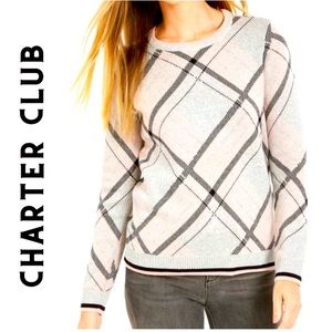 Charter Club Womens Sweater Size L Pullover Striped Knit Varsity Plaid Crew Neck